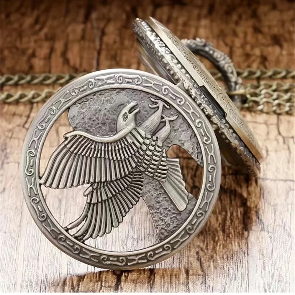 Eagle Wings Retro Nostalgic Hollow Necklace Pocket Watch,Antique Bronze